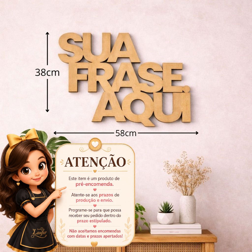 Letreiro Personalizado MDF 3mm CRU 58x38cm Nome Frase Decorativa Festa Aniversário Chá Painel