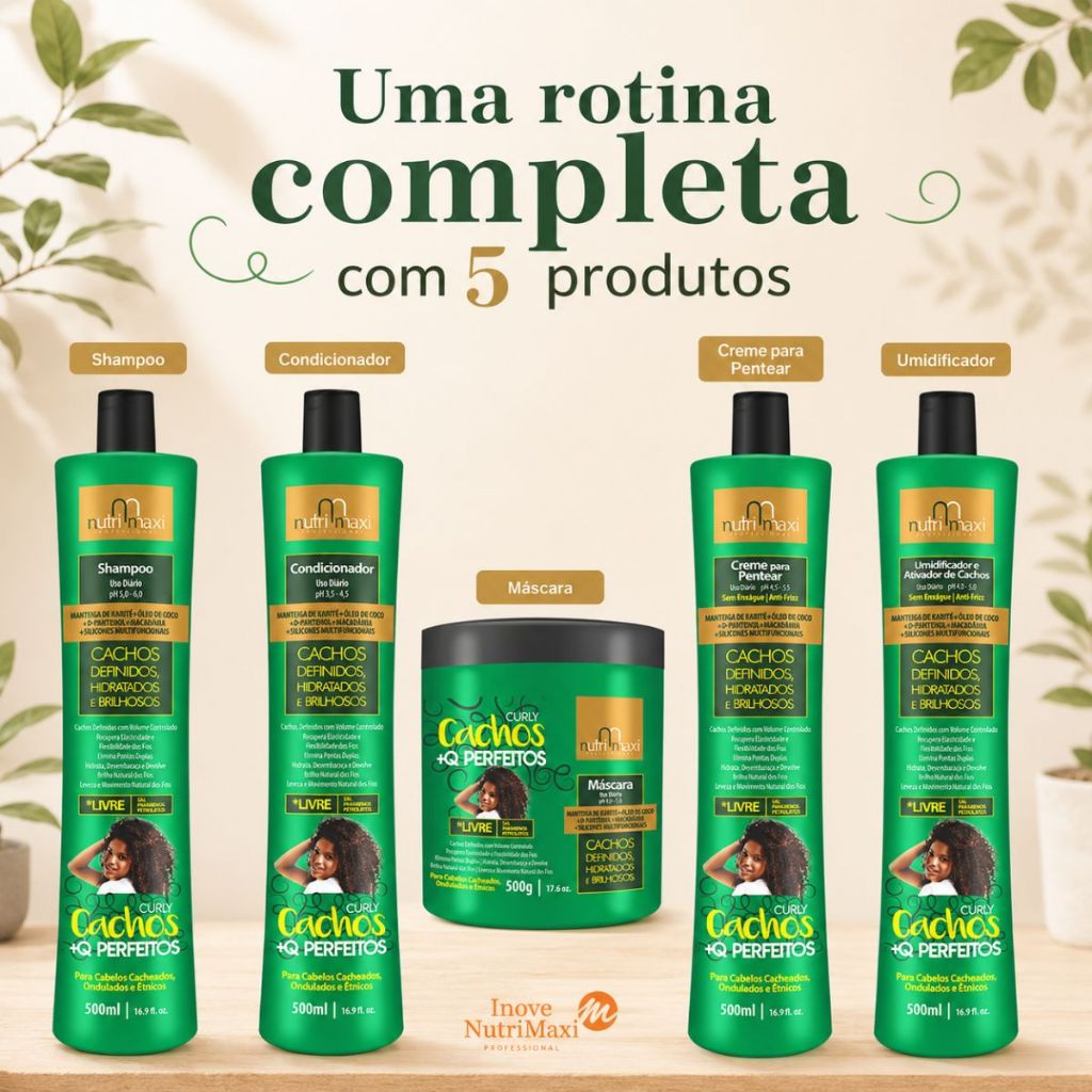 Detalhes do KIT Shampoo Condiconador Creme Pentear Umidificador Máscara Hidratação Cachos Milagrosos Nutri Maxi 500ml/G