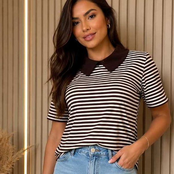 Camiseta Gola Polo Feminina Blusa Listrada Tendência Feminina Blusa Casual Roupa Feminina  Blusa Manga Curta
