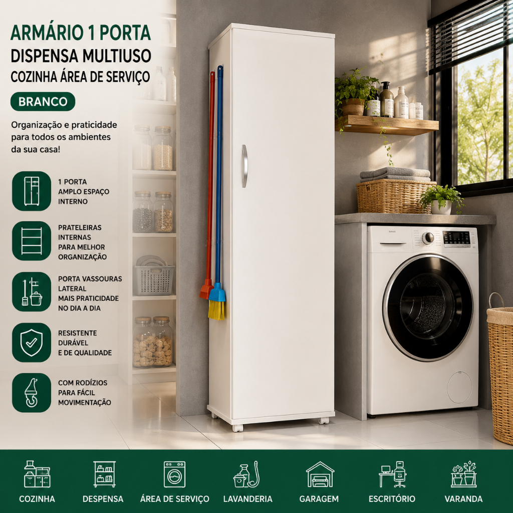 Armário Multiuso 1 Porta Com Rodízios Branco — imagem 2 de 2