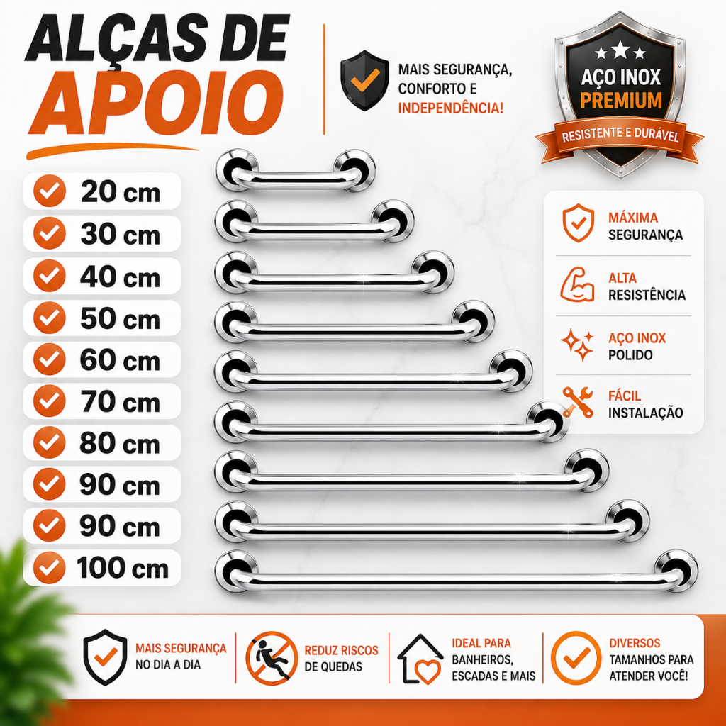 Barra Alça de Apoio Para Banheiro Escadas em alumínio de 20cm a 100cm Auxilia Idosos PCD e Gestantes