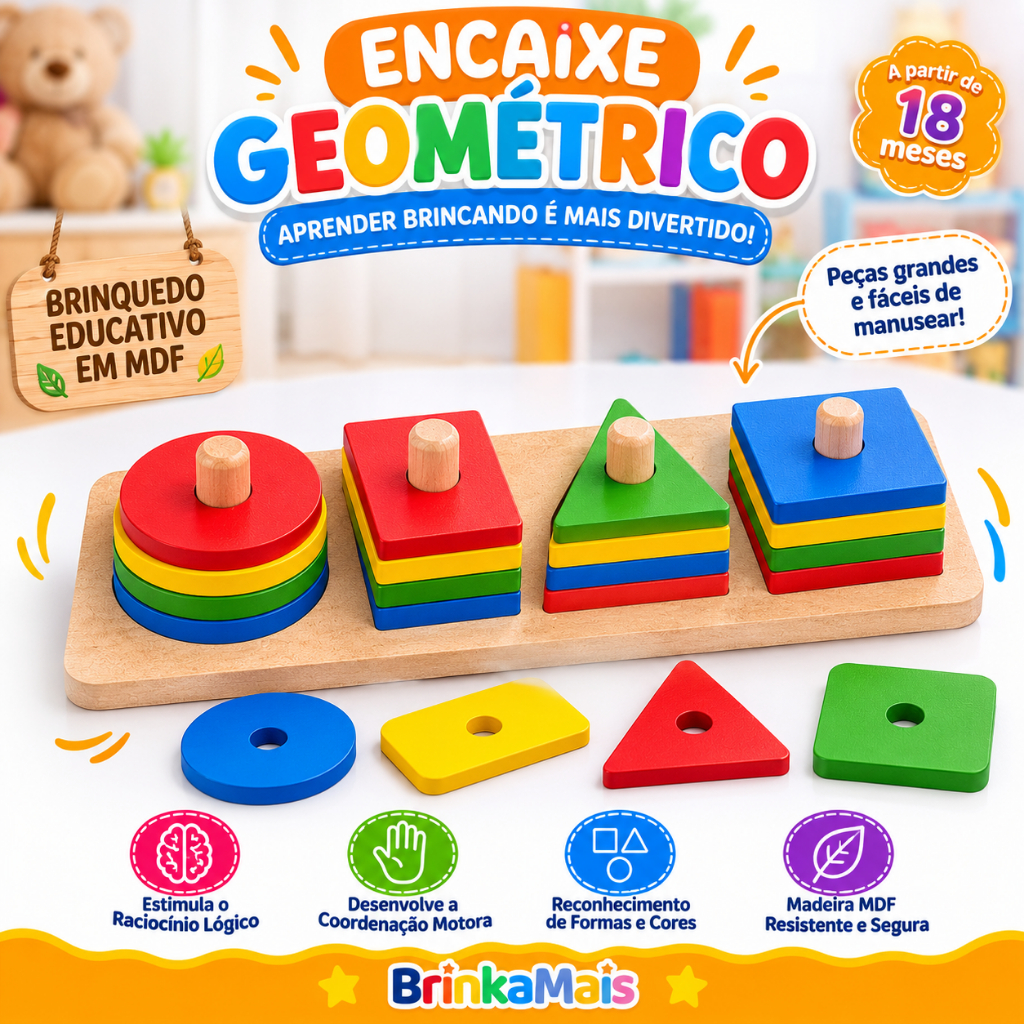 Brinquedo Educativo Encaixe Geométrico MDF Montessori Coordenação Motora Infantil
