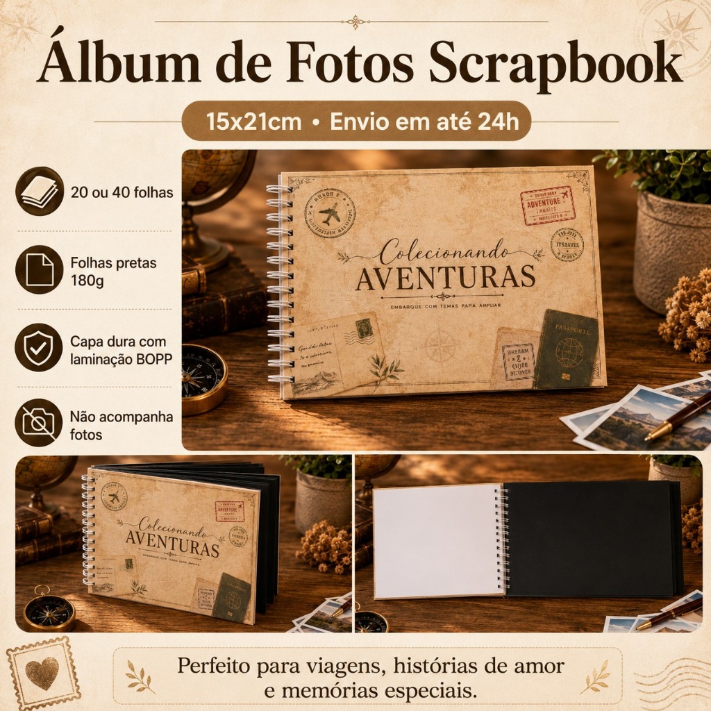 Álbum de Fotos Scrapbook 15x21cm ENVIO EM ATÈ 24H (Folhas Pretas 180g)  Capa Dura - 20/40 folhas