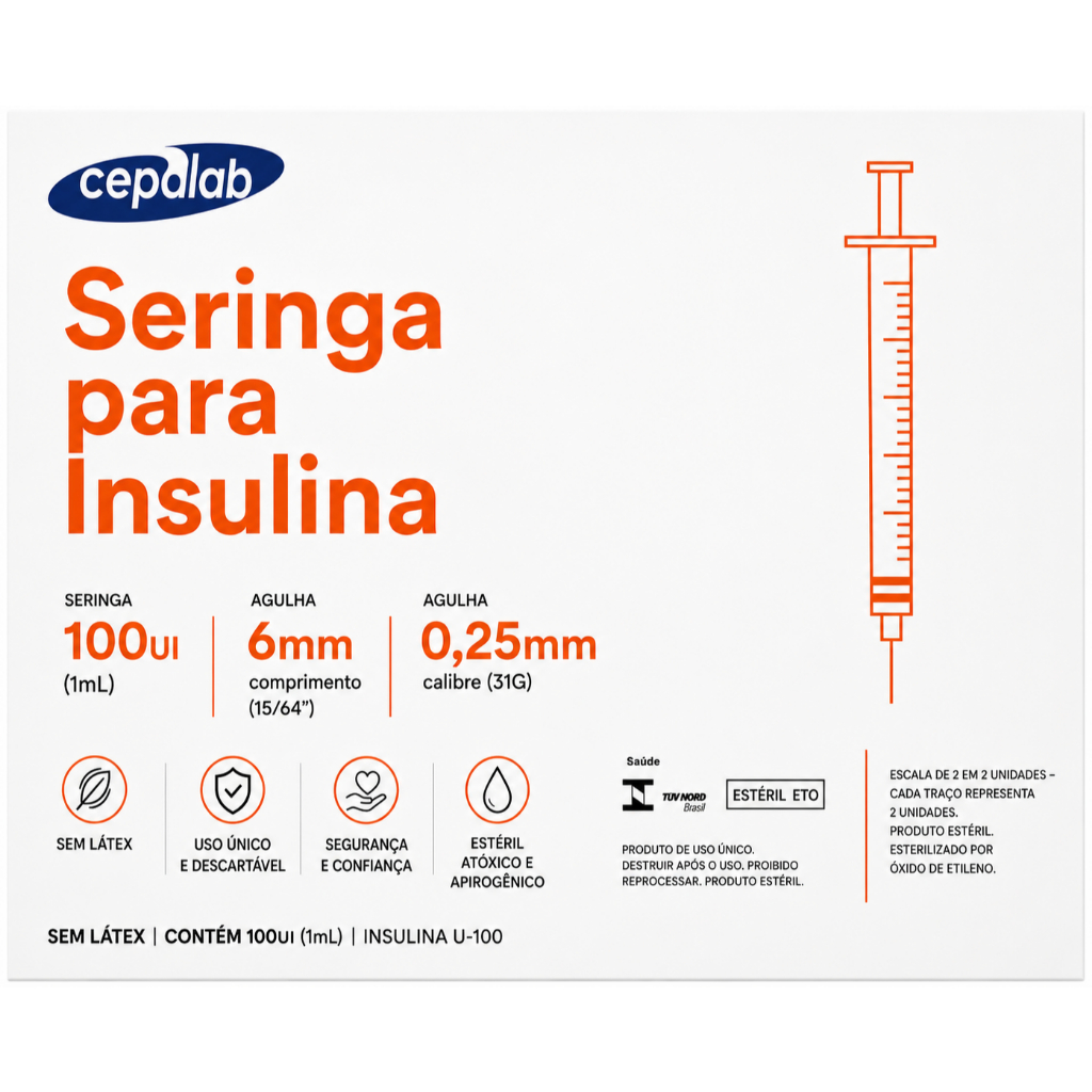 Seringa de Insulina Botox 1ml 6 x 0,25mm 31g 100UI com Agulha Fixa