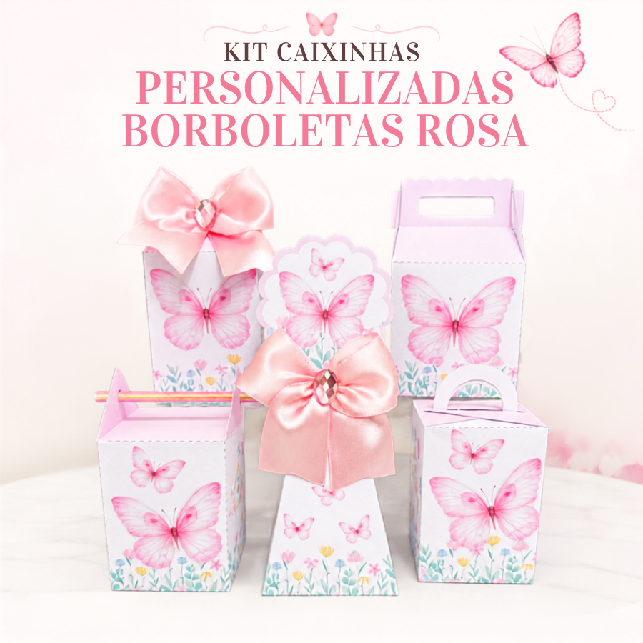 Kit Festa Borboletas Rosas Sacolinha Caixinha Personalizado Aniversário Infantil Criança Menina