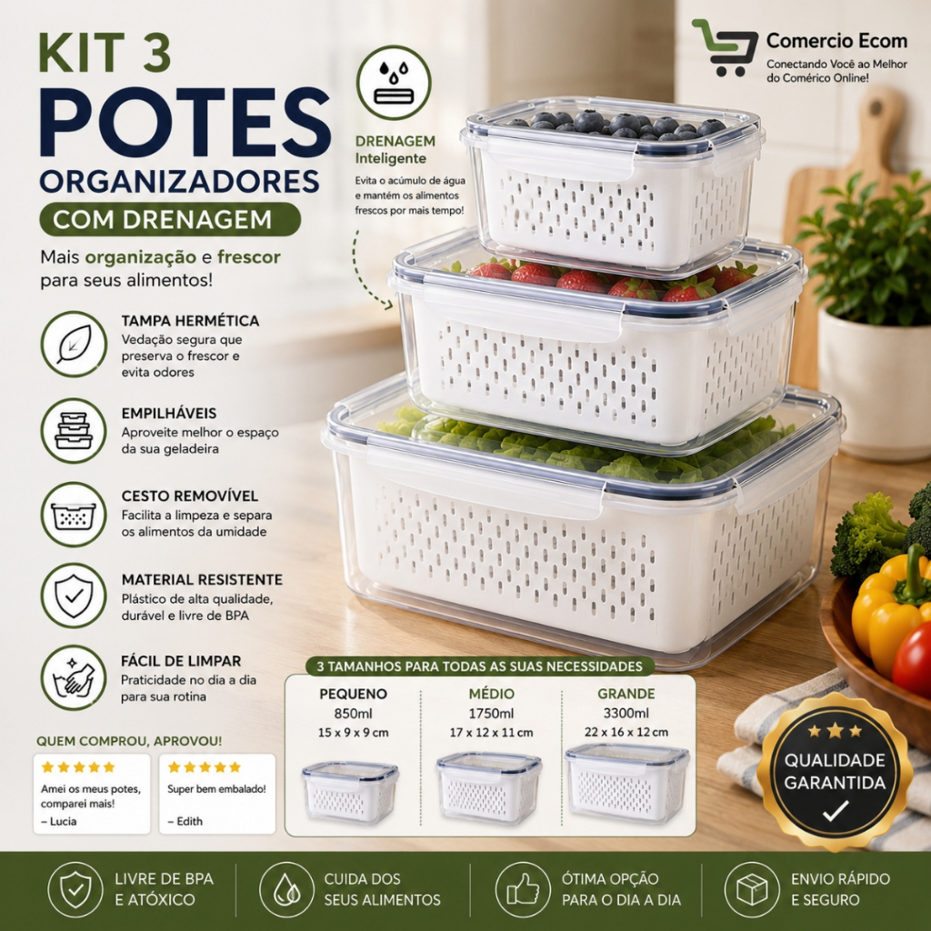 Kit 3 Potes Organizadores de Cozinha Geladeira Hermético Armazenar Alimentos Plástico com Drenagem
