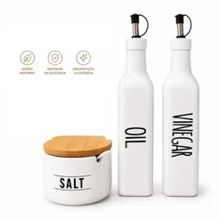 Kit Azeiteiro Vinagreiro Saleiro Porcelana Branco Vidro com Dosador Inox Tampa Bambu Oleo Sal Vinagre