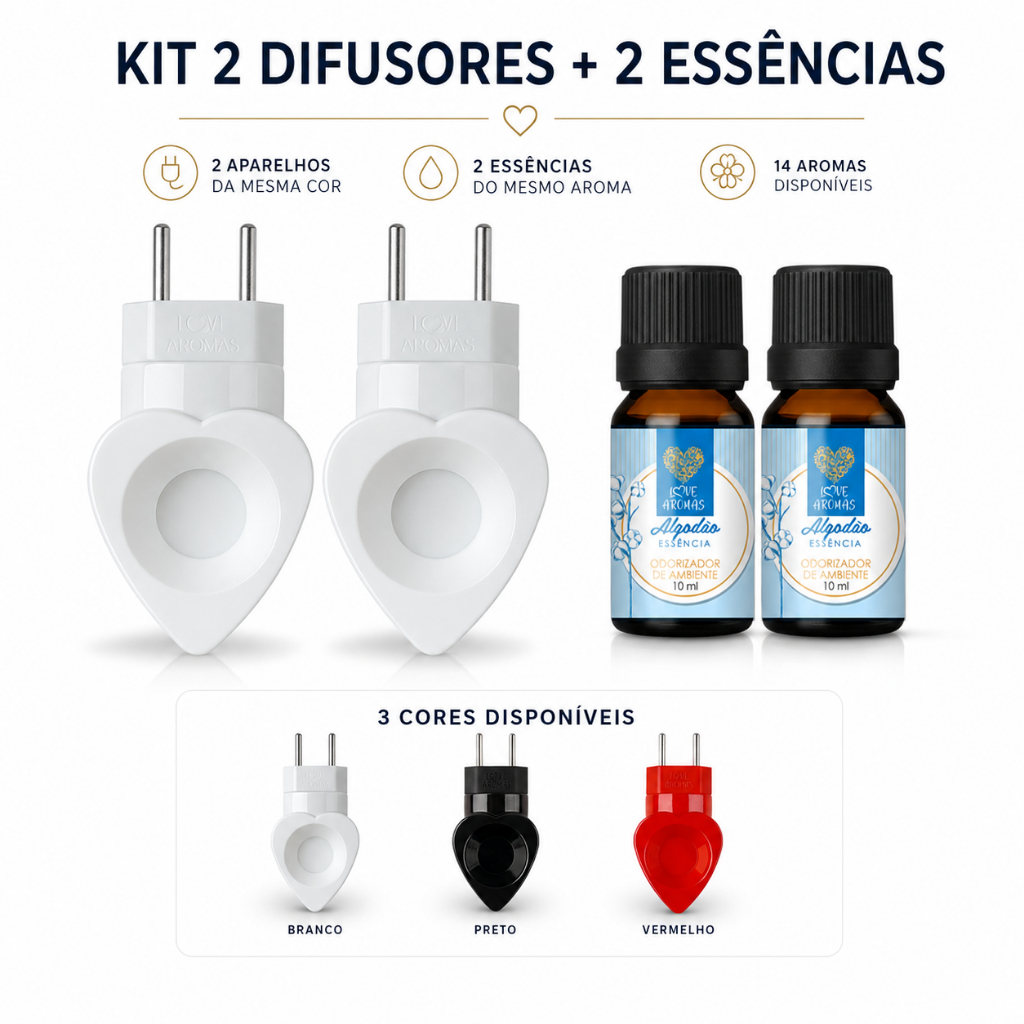Imagem Kit 2 Difusor Elétrico Bivolt Formato de Coração + 2 Essências 10 ml - Escolha o Aroma