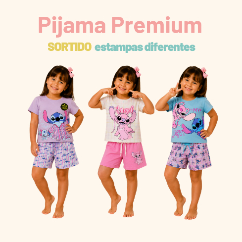 Pijama Infantil Menina Conjunto Verão Tecido Macio e Confortável Estampas Sortidas Brilha Escuro