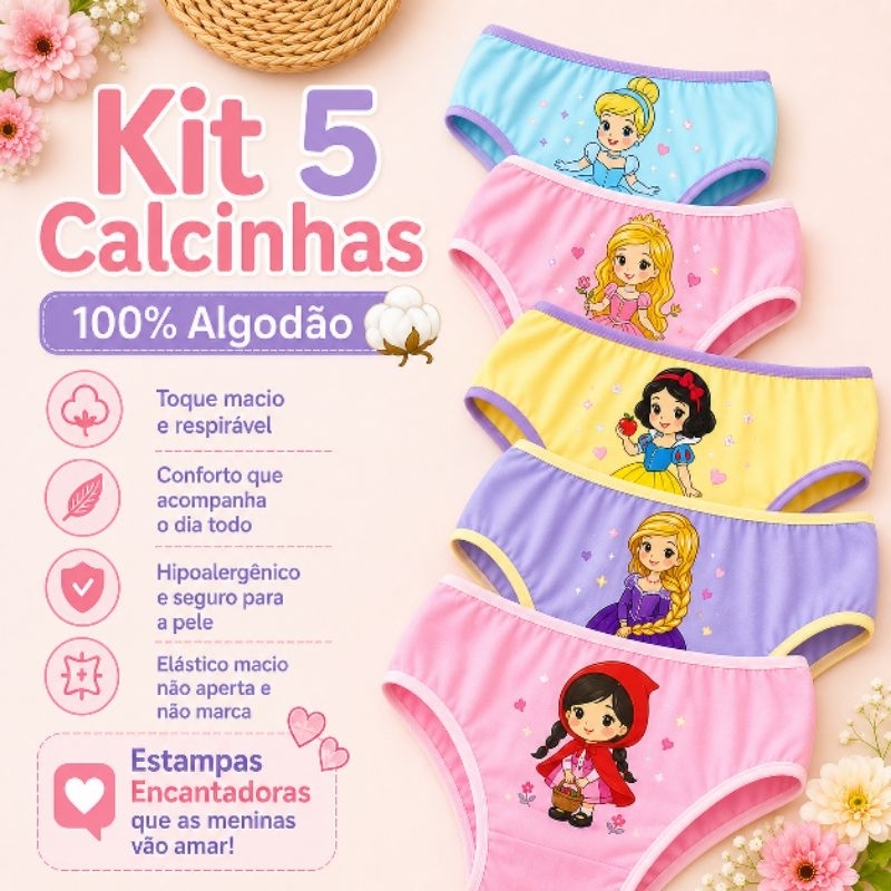 Kit Calcinha Infantil Algodão Premium Menina Antialérgica Respirável Confortável Estampas Delicadas Alta Qualidade