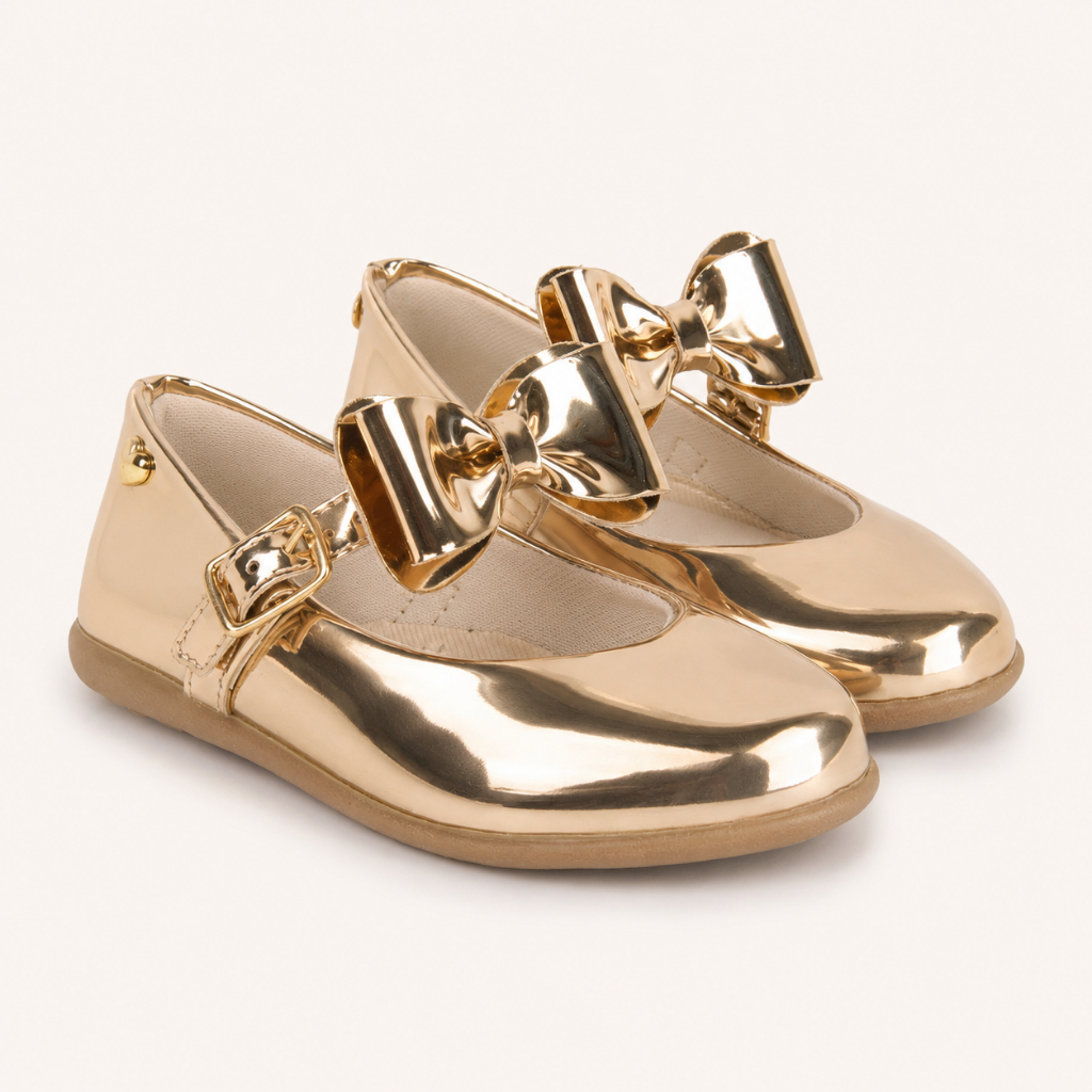 Sapatilha Kids Menina Verniz Ouro Batizado Festa Moda Infantil Ajuste Fivela Dourada Laço Luxo