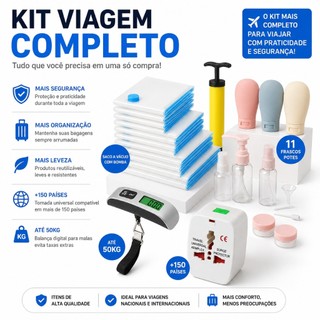 Kit Viagem Balança Mala Adaptador Tomada Saco Vacuo 50x60 Bagagem Aeroporto Organizador