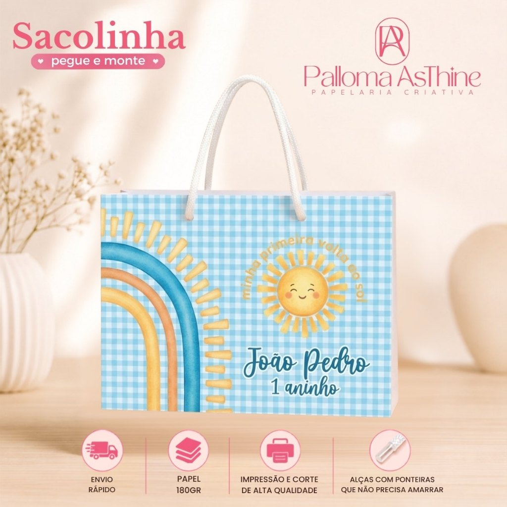 Sacolinha pegue/monte primeira volta ao sol lembrancinha personalizada aniversário 20x15x7cm