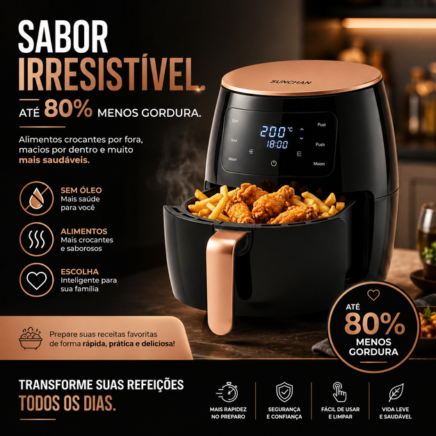 Air Fryer 6L Digital 1500W 110V Sem Óleo Painel Touch Grande Para Família SUNCHAN