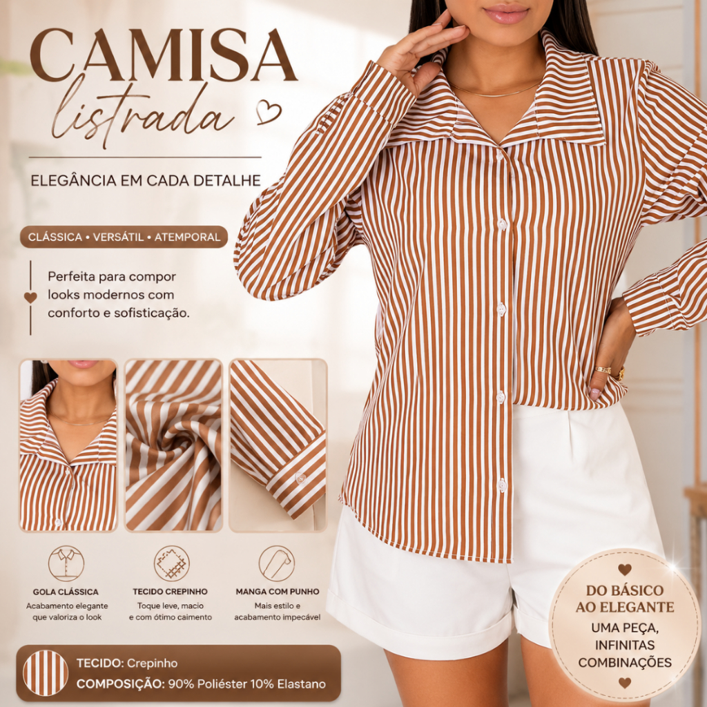 Camisa Feminina Listrada Social Manga Longa Elegante Crepinho Casual Escritório Premium