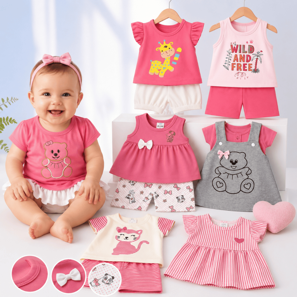 Kit 6 Peças Menina Bebê Infantil Peças de Roupas Verão Infantil Fashion Short Blusa Algodão