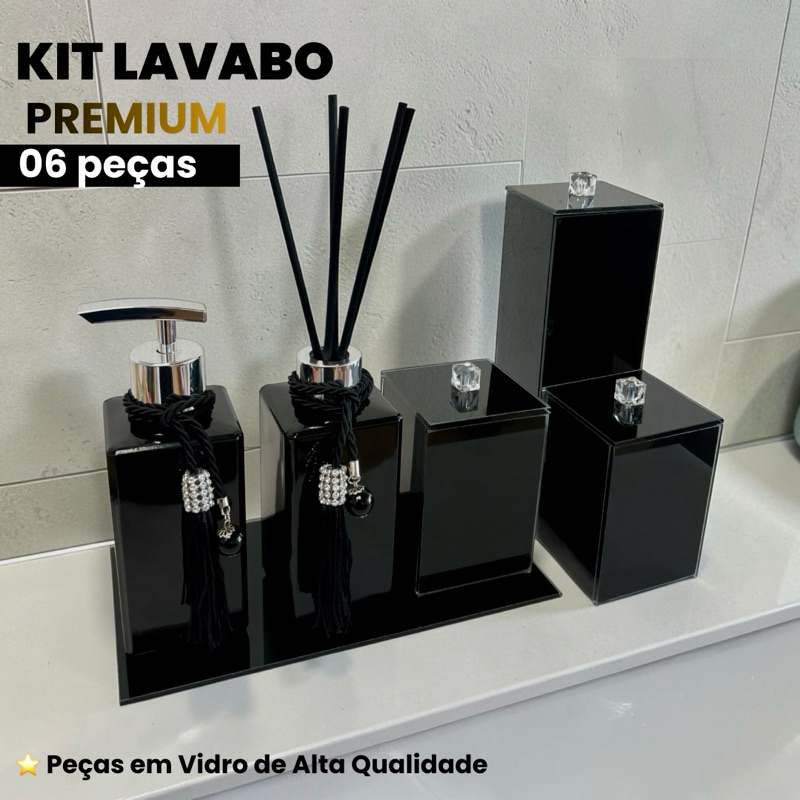 Kit Lavabo Banheiro Luxo Preto Com Porta Escova Vidro Com Tampa Bandeja/Aromatizador Porta Cotonete Preto Brilho