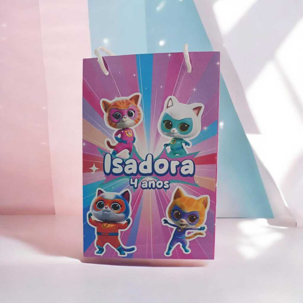 Sacolinha  Personalizada  com nome e idade  13x20 Super Gatinhos Festa Aniversário  Lembrancinhas Personalizadas