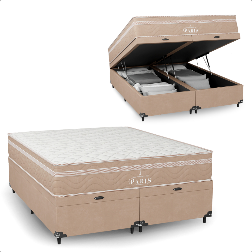 Cama Box Baú Queen Bege + Colchão Paris Molas Ensacadas - e-Shop Casa