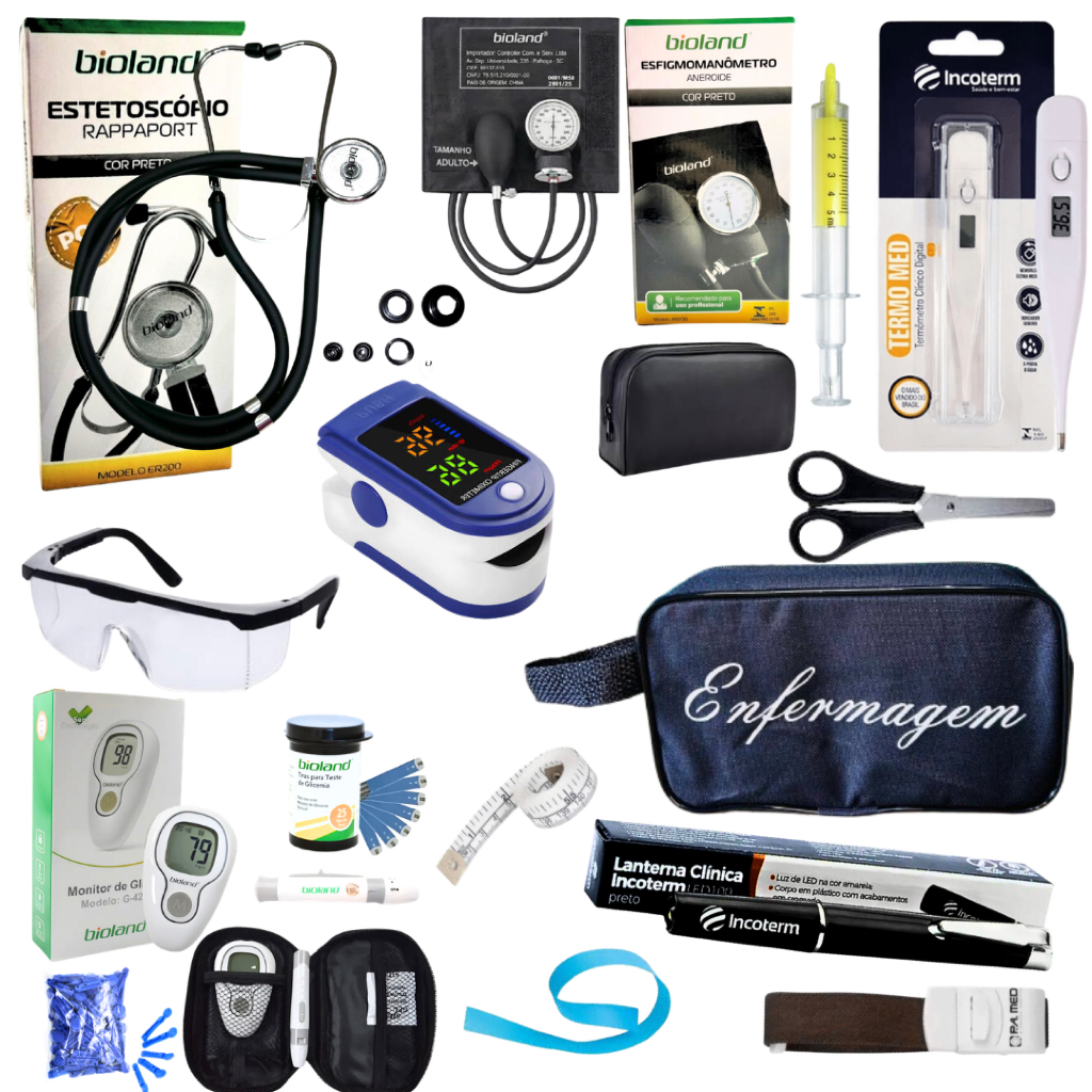 Kit Enfermagem Aparelho de Pressão + Estetoscópio + Lanterna + Oxímetro + Glicosímetro