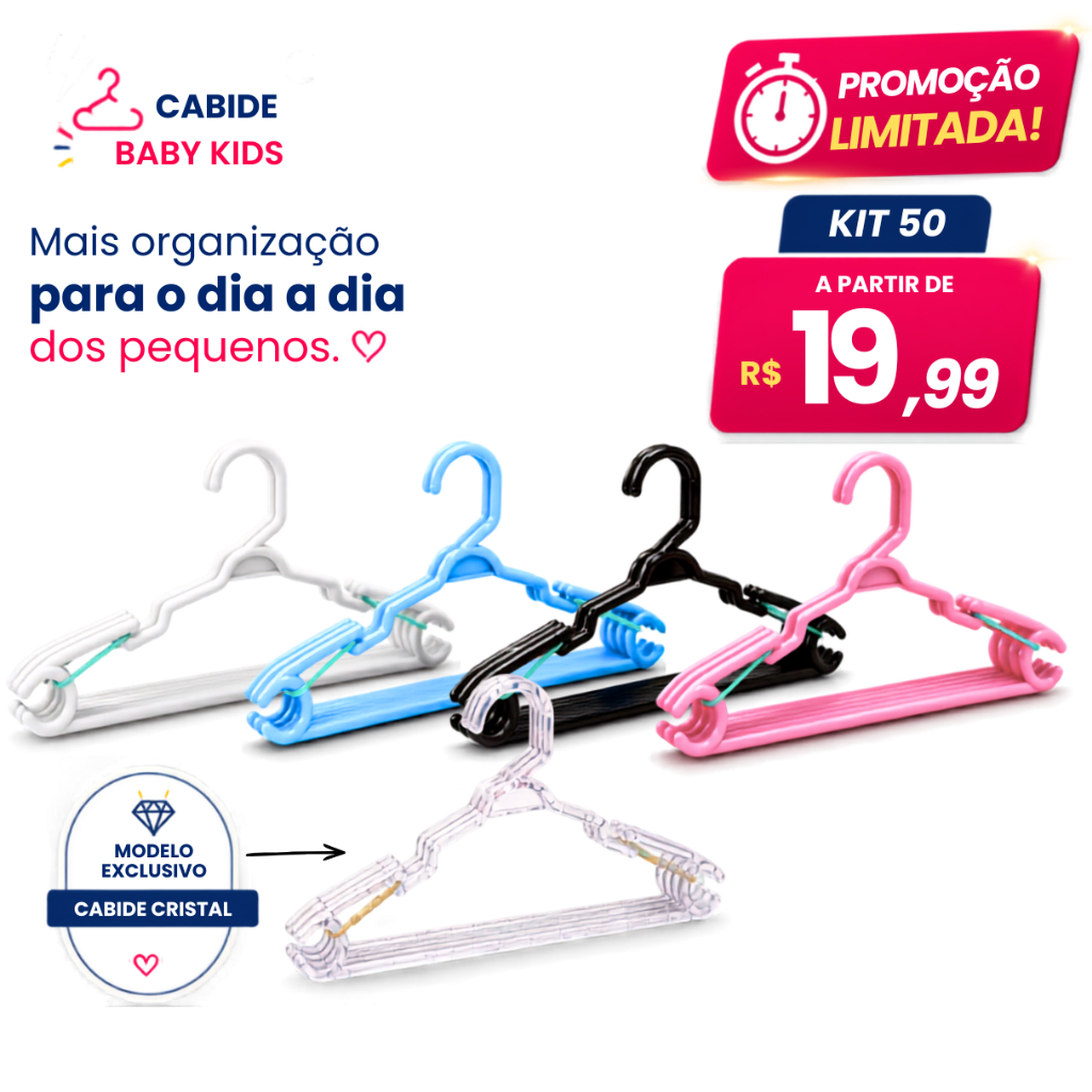 Kits até 100 Cabides Infantil bebe baby Reforçado, cores Azul, Rosa, Preto, Branco