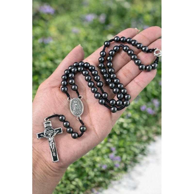 Terço Pedra Hematita Nossa Senhora Aparecida Pescoço Colar Fecho Metal Lembrança Católico Religioso Proteção Fé