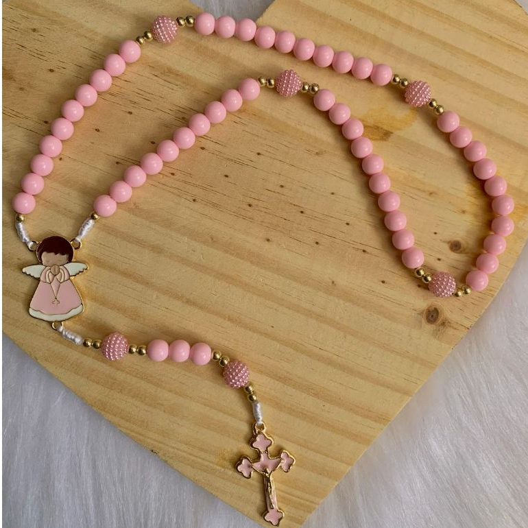 Terço Infantil Personalizado, Anjinho Rosa, Lembrança Batizado, Presente Religioso, Terço Católico