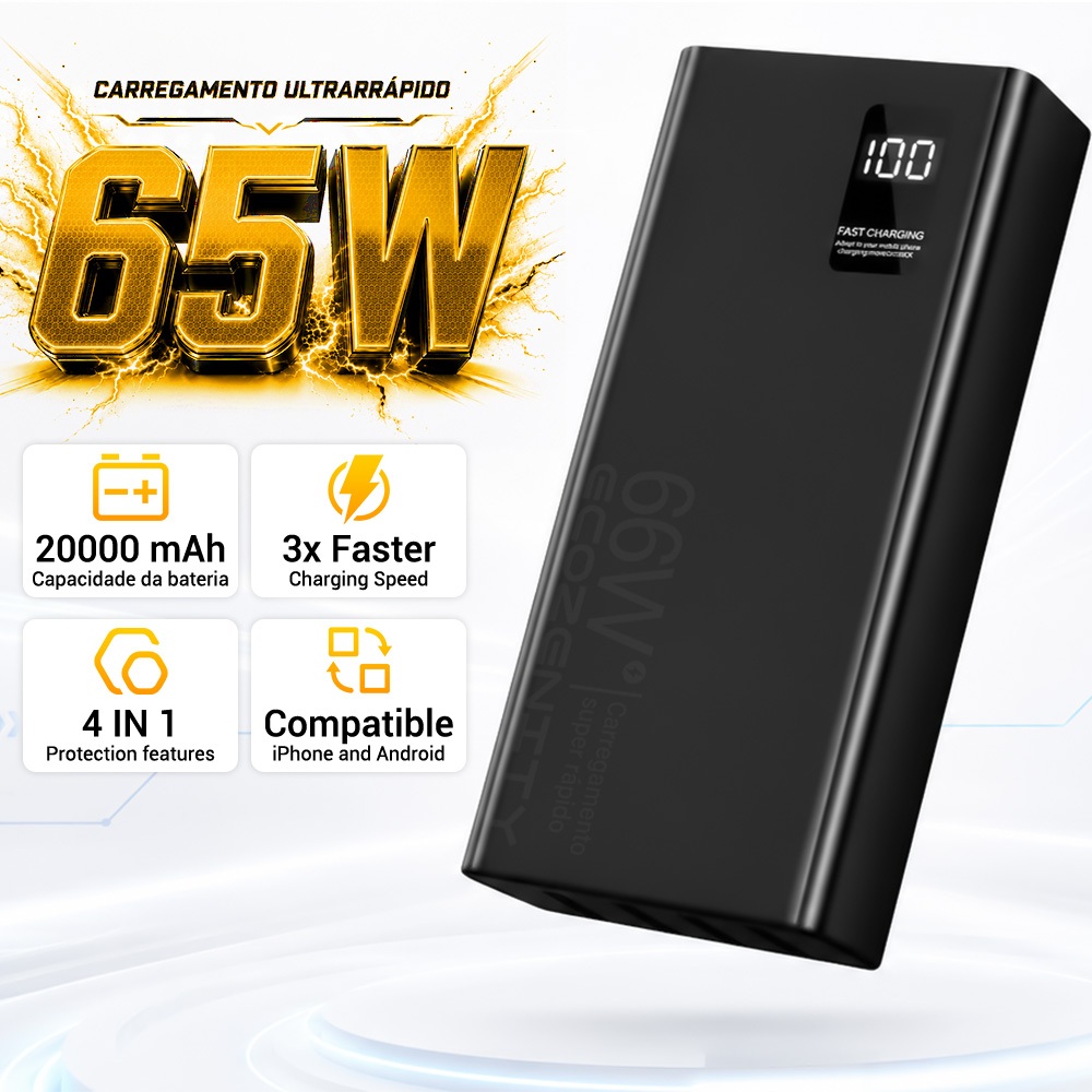 Power Bank 20000mAh 66W Carregador Portátil Turbo com Display LED Compatível iPhone e Samsung