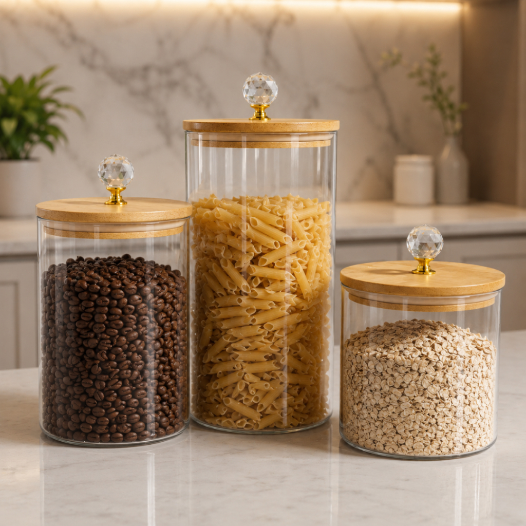kit potes herméticos de vidro transparente puxador de cristal organização cantinho do café bolacha capsulas de café