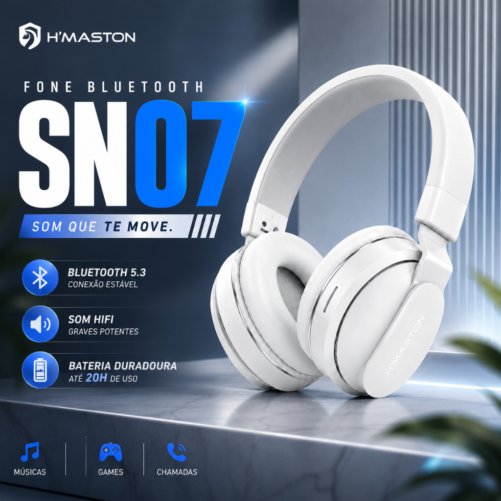 Fone Bluetooth H'Maston SN07 Headset Gamer Sem Fio Bluetooth 5.3 com Microfone HiFi Graves Potentes