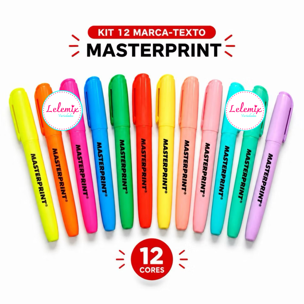 Kit 12 Canetas Marca Texto Canetinhas Coloridas Masterprint (6 Neon + 6 Pastel) Material Escolar
