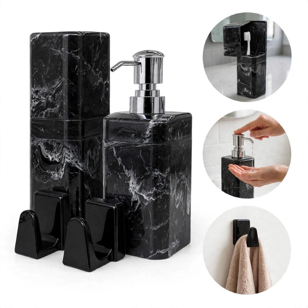 Kit 4 Peças Porta Escova + Porta Sabonete Líquido + 2 Ganchos Multiuso