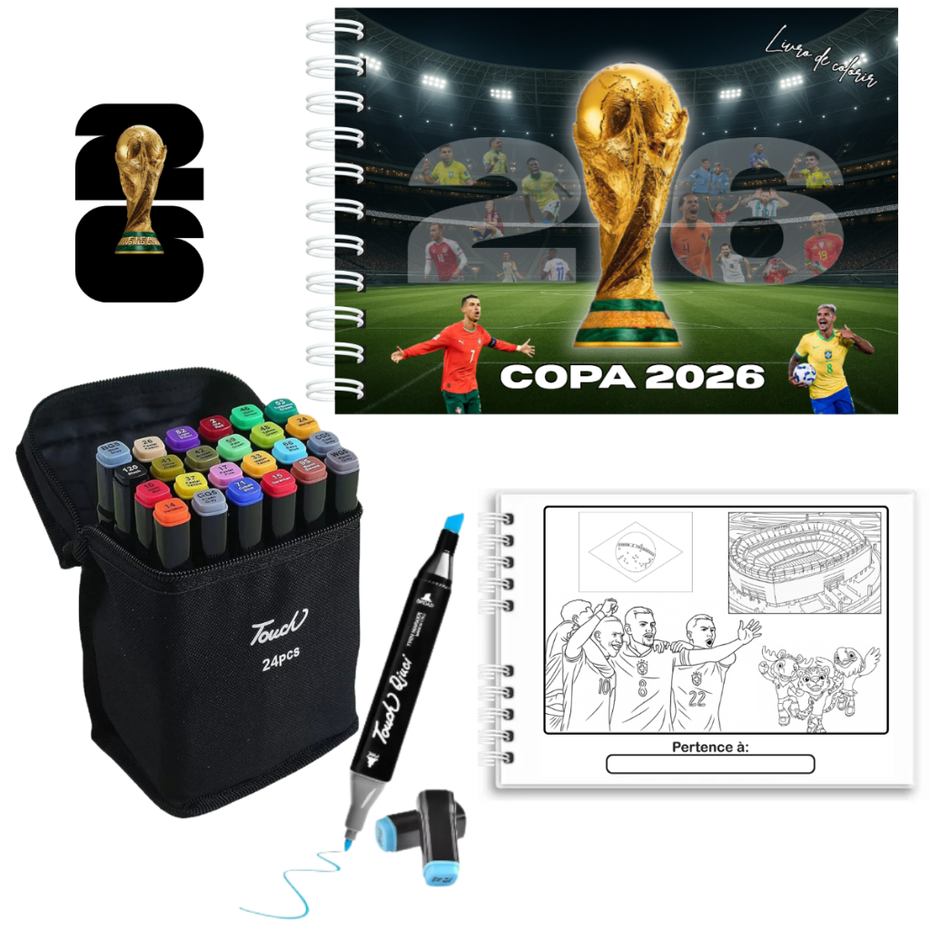 Kit Livro De Colorir Copa Do Mundo 2026 Futebol Capa Dura A5 53 Folhas Grossas + Jogo de Canetinhas Ponta Dupla 24 Cores