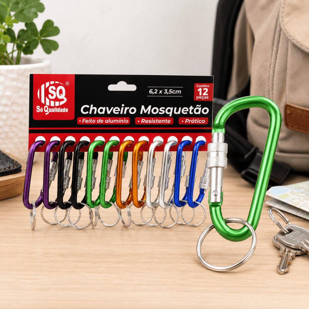 Kit 12 Chaveiros Colorido Mosquetão Com Travas Resistentes Cores Sortidas Mosquetão de Aço Resistente