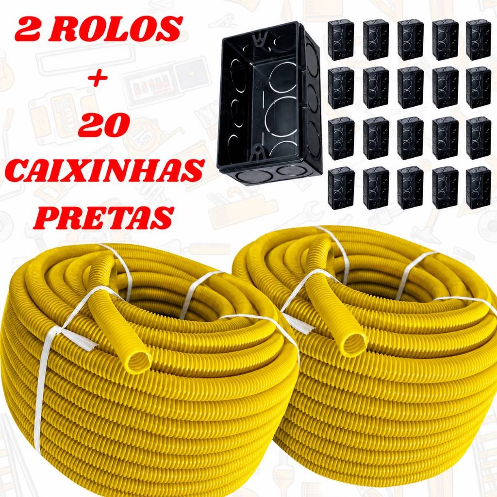 Conduíte Eletroduto Corrugado 3/4 Reforçado Flexível Amarelo Kit 2 Unidades + 20 Caixinhas de Luz 4x2 Preta