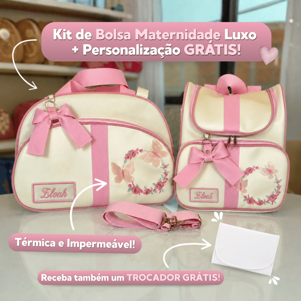 Kit Bolsa Mochila Maternidade com Mala Multiuso Luxo para Bebê Menina/Menino Personalizado