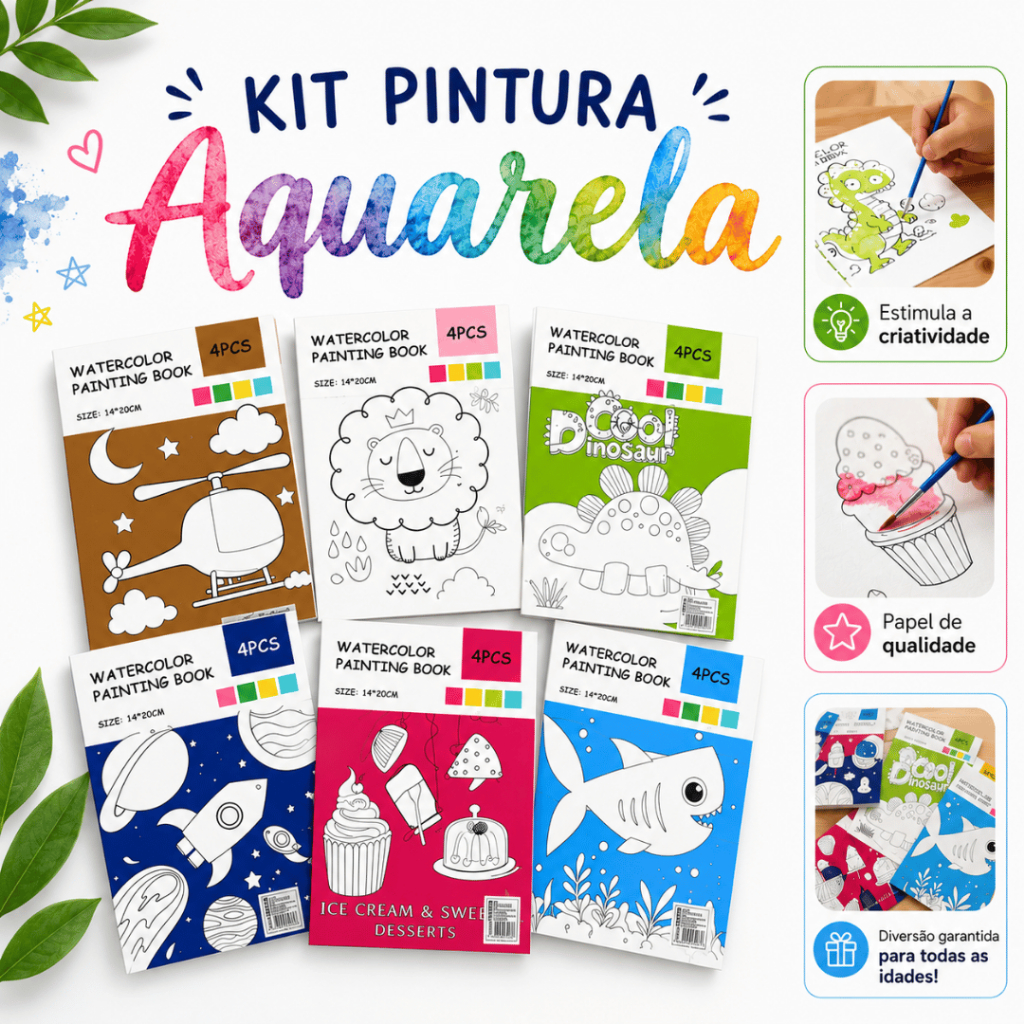 Bloco de Aquarela Caderno com Desenhos + Aquarela com 4 Cores + Pincel Macio para Colorir Infatil
