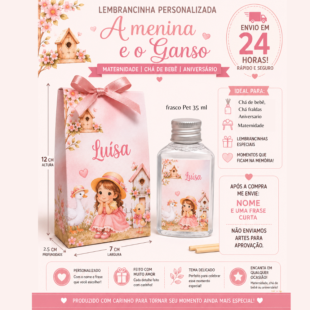 Lembrancinha Menina e o Ganso Personalizada | Maternidade  |  Chá de Bebê | Caixinha + Aromatizador 35ml | Envio 24h