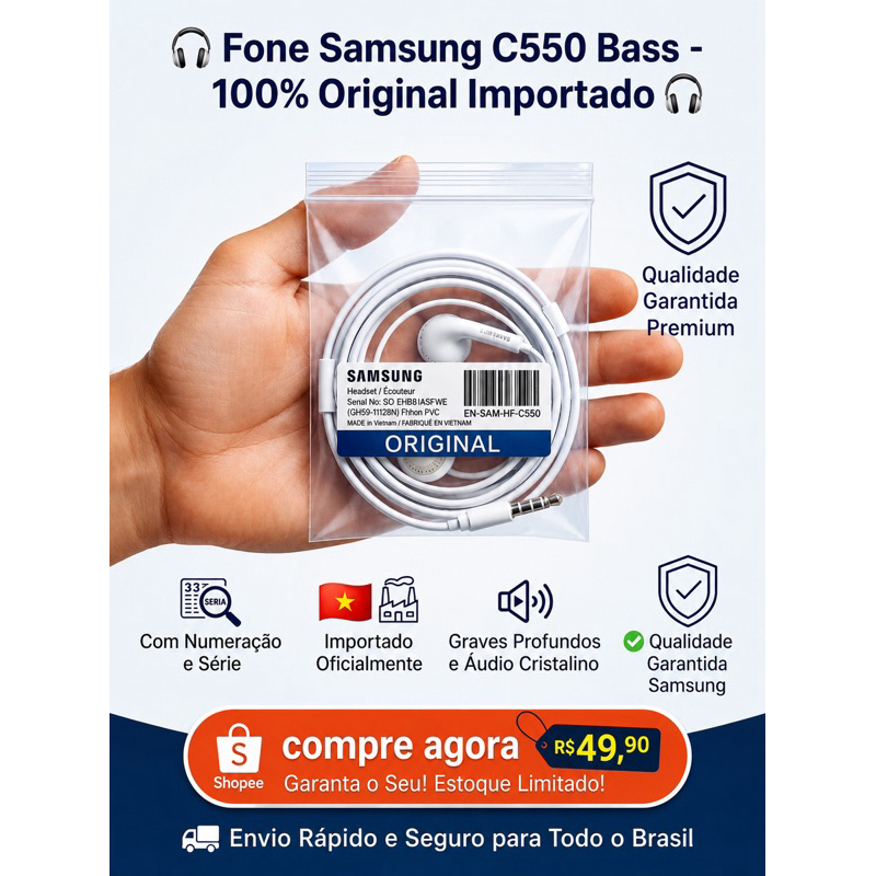 Fone Ouvido Original Samsumg Bass Original Importado P2 Microfone Intra-Auricular Envio Rápido
