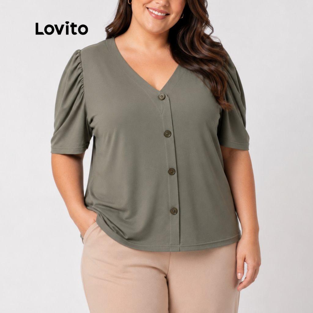 Lovito Plus Size Blusa Feminina Manga Bufante Decote V Botões Frontais BLB331BRL