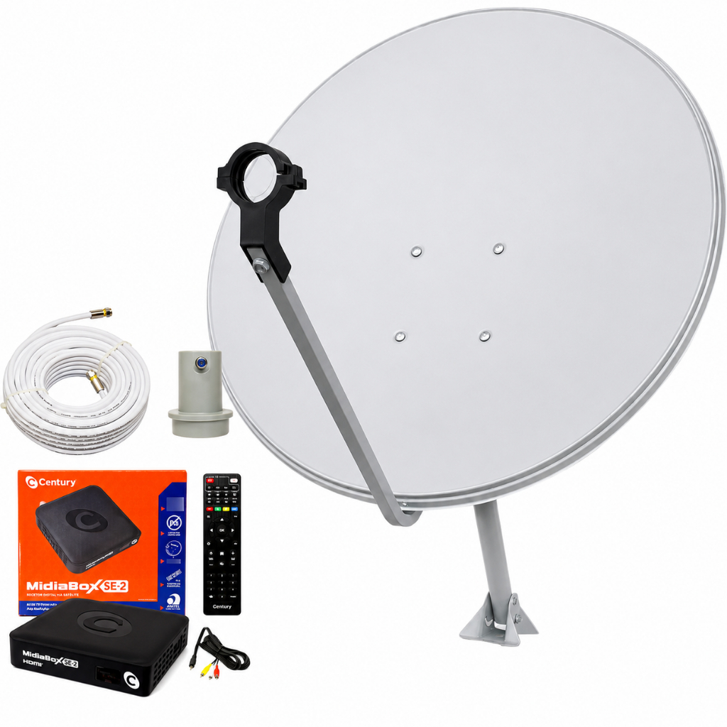 Kit Antena Parabólica Ku 60cm com MidiaBox SE-2 - Century, LNBF e cabo com conectores. Nova Parabólica