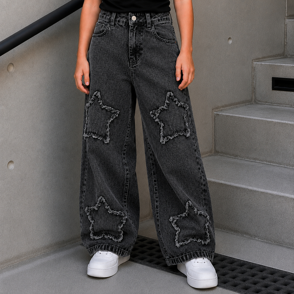 Calça Jeans Juvenil Feminina Wide Leg Destroyed Estrela Cinza Marmorizado/Azul Claro
