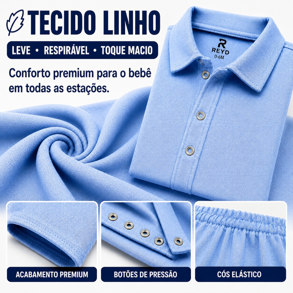 Conjunto Bebê Linho Masculino Polo Premium Roupa Bebê Menino Elegante Estiloso Confortável 0 a 6 Meses