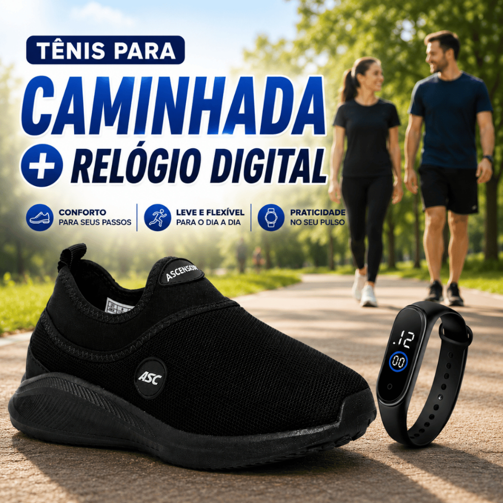 Tênis Ortopédico Unissex para Caminhada – Leve, Confortável e Antiderrapante, com Relógio