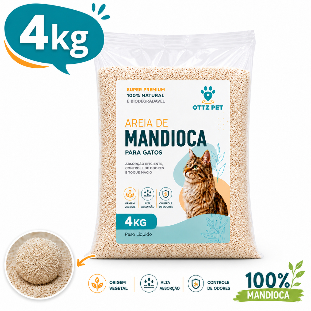 Areia Ottz Pet 4kg Mandioca Natural  Super Premium Alta Absorção Anti Odor Gatos
