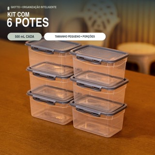 Kit 6 Potes Com Tampa e Trava 500ML Cinza Hermetico Fitnes Freezer Microondas Marmitas Gi…