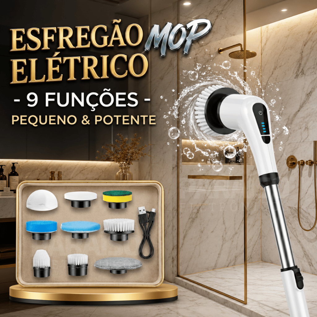 Escova de Limpeza Elétrica 9 em 1 MOP Esfregão Limpeza Pesada 25W Giratória Multiuso Recarregável