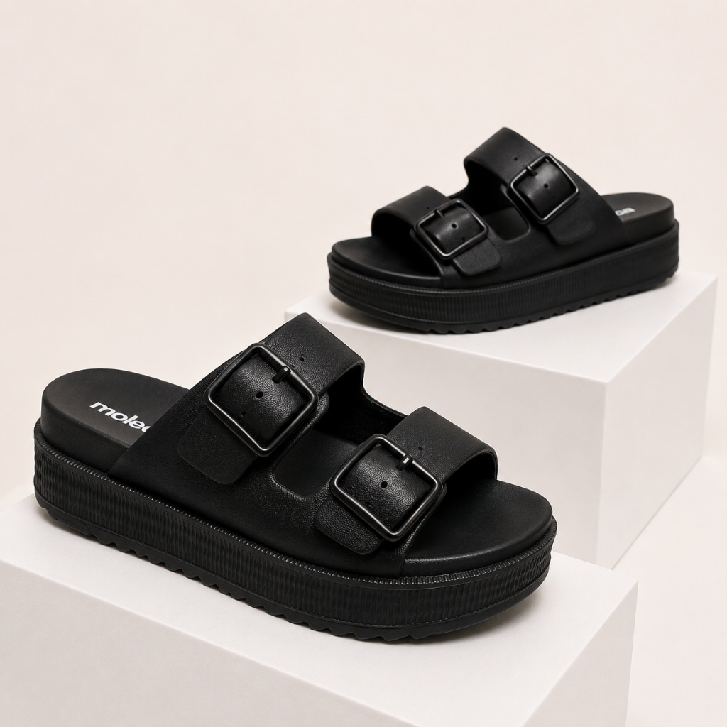 Papete Feminina Plataforma Birken Moleca Flatform  Fivelas Ajustáveis Sandália Casual Confortável Preto Dia a Dia