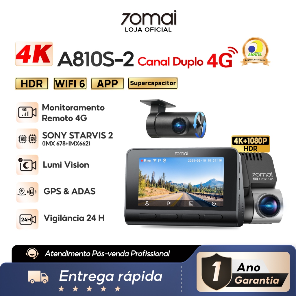 Câmera Veicular 70mai A810s 4k Sony STARVIS 2 lMX678 Hdr Com 4g Gps Adas Supercapacitor 24H Al ROI