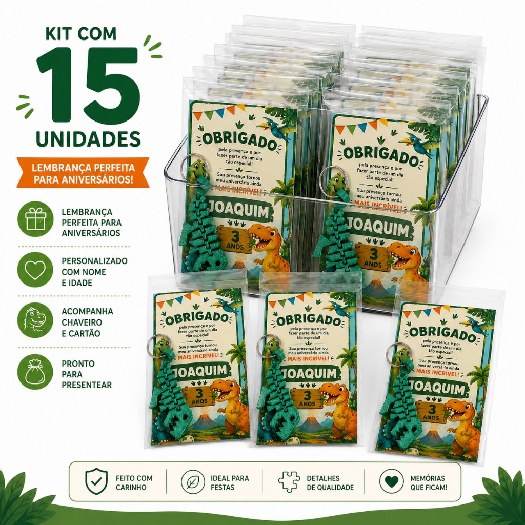 Kit 15 Lembrancinhas Dinossauro Personalizadas com Chaveiro e Cartão Aniversário Infantil